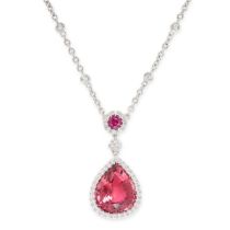 A PINK TOURMALINE AND DIAMOND NECKLACE the pendant set with a round cut pink tourmaline in a