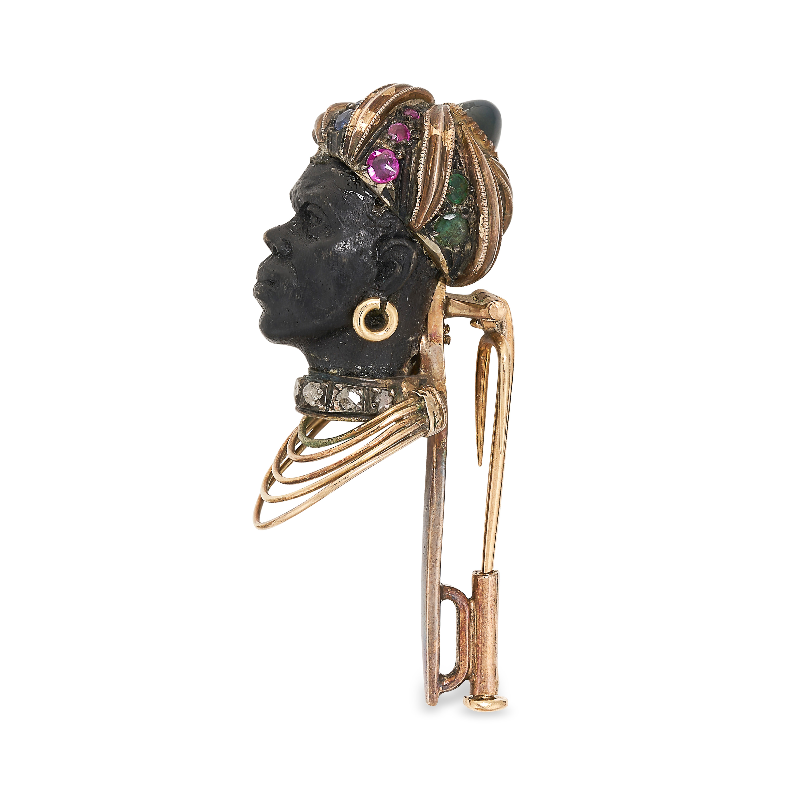 AN ANTIQUE GEMSET BLACKAMOOR BROOCH in yellow gold, designed as the bust of a man carved from - Image 2 of 2
