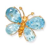 A TOPAZ AND CITRINE BUTTERFLY BROOCH in 18ct yellow gold, designed as a butterfly, set with pear cut