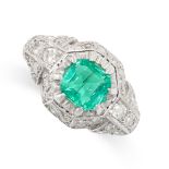 A COLOMBIAN EMERALD AND DIAMOND RING set with an emerald cut emerald of 1.22 carats within geometric