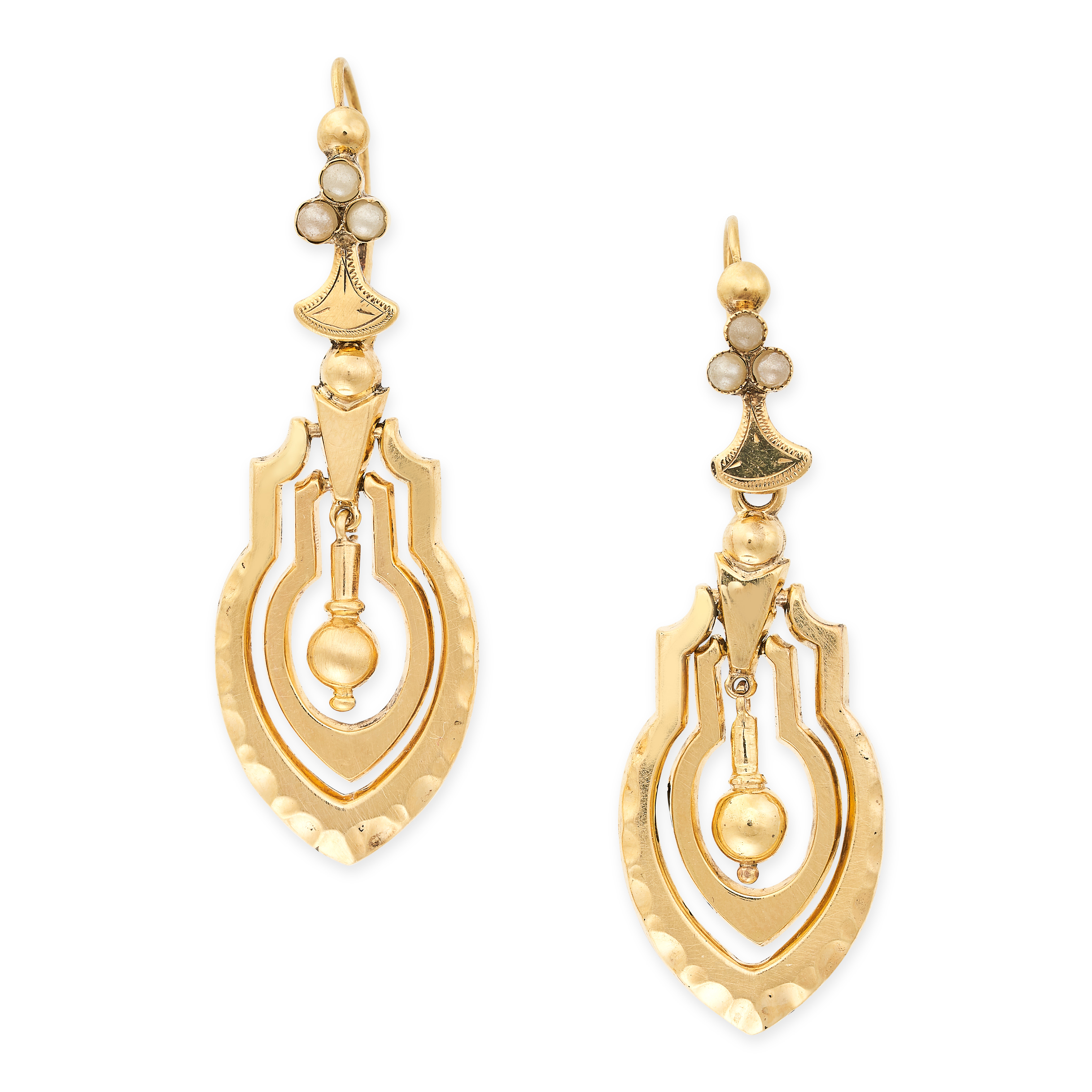 A PAIR OF ANTIQUE PEARL DROP EARRINGS in yellow gold, the articulated bodies accented above by trios