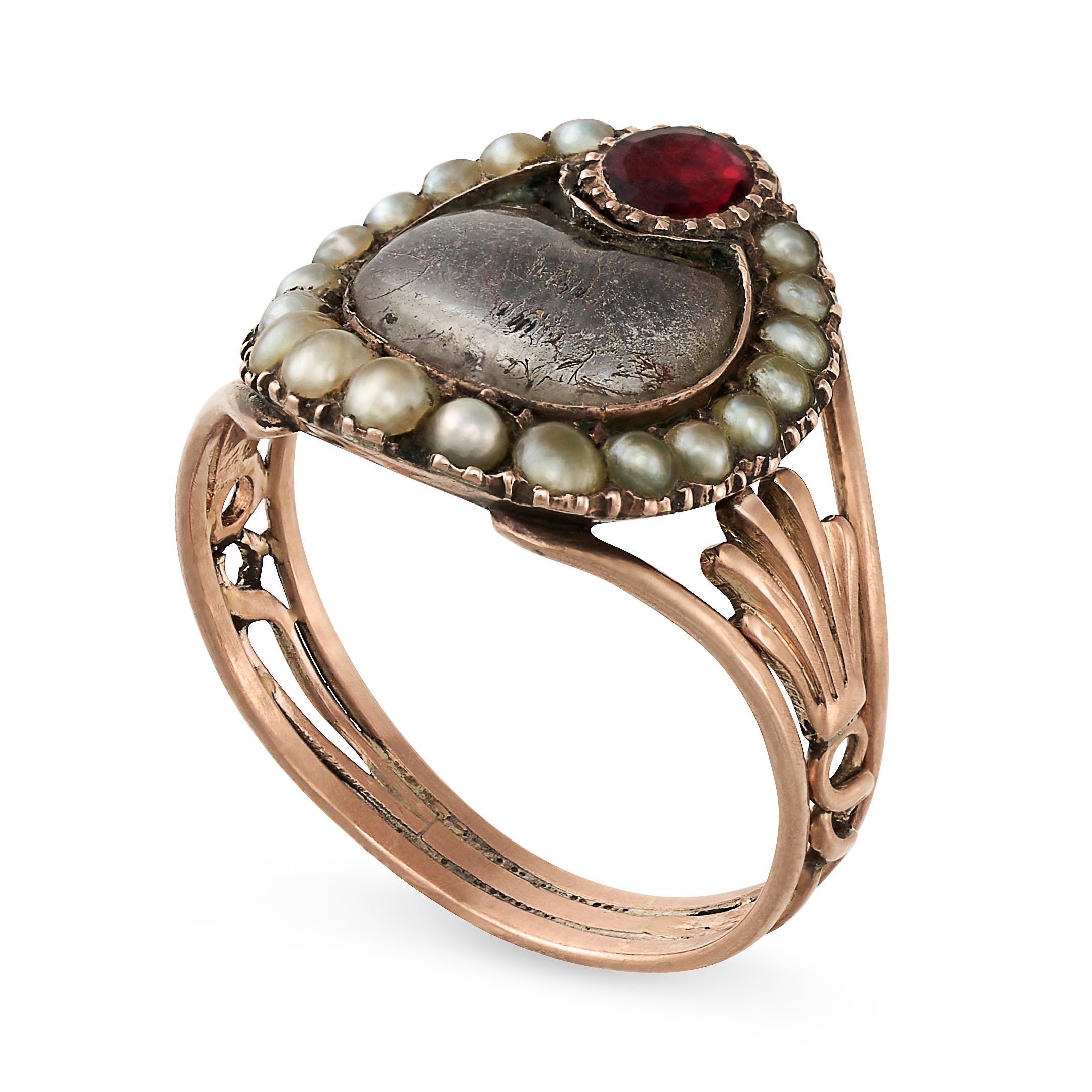 AN ANTIQUE GARNET AND PEARL MOURNING LOCKET RING, 19TH CENTURY in yellow gold, the face with a - Image 2 of 2