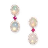 A PAIR OF OPAL AND RUBY DROP EARRINGS in 18ct gold, each comprising an cabochon opal in a cluster of