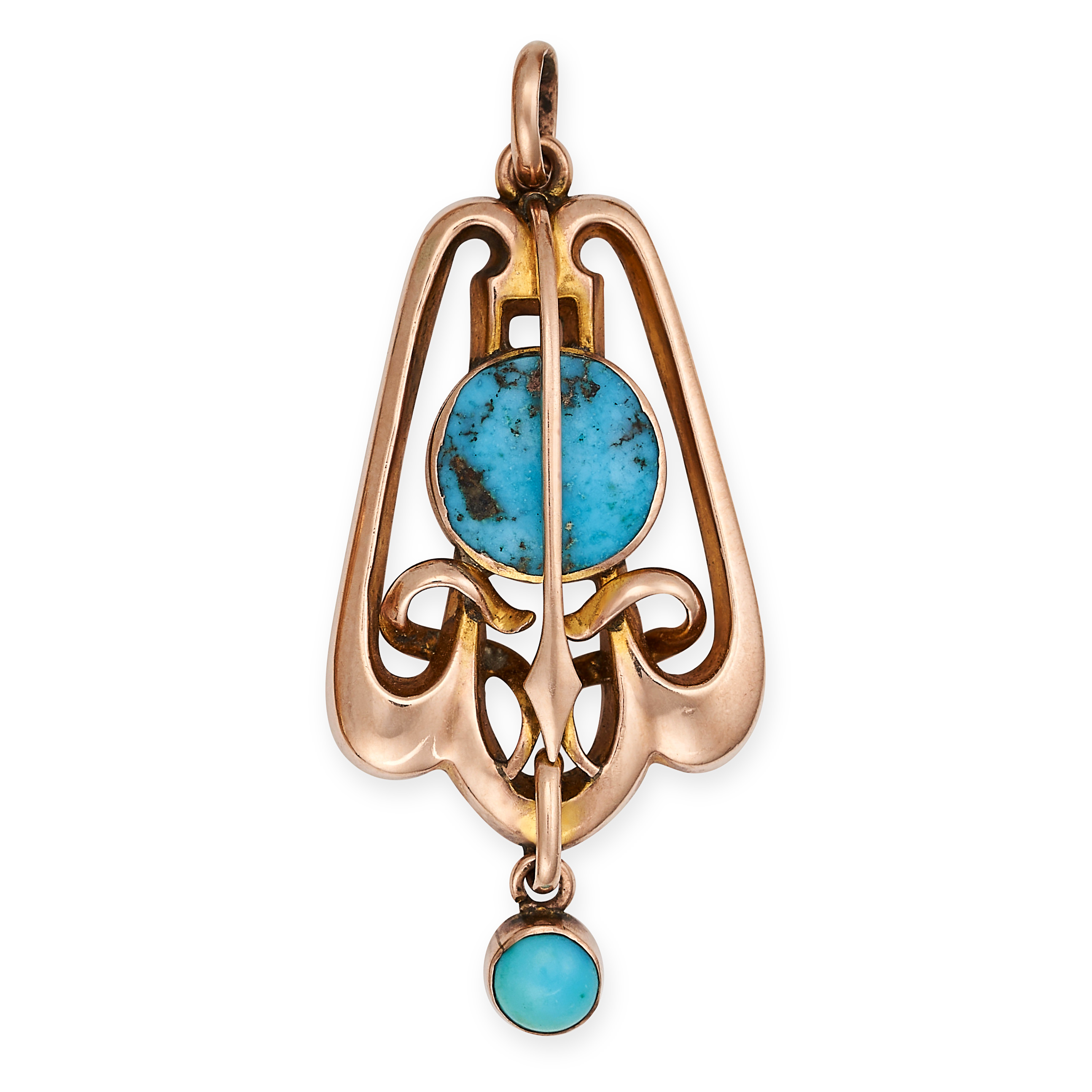 AN ANTIQUE TURQUOISE PENDANT, CIRCA 1900 in 9ct yellow gold, set with two round cabochon