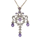 AN AMETHYST, DIAMOND AND PEARL PENDANT NECKLACE in yellow gold and silver, the openwork pendent