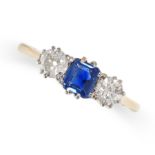 A SAPPHIRE AND DIAMOND RING set with an octagonal step cut sapphire of 0.62 carats accented on