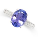 A TANZANITE AND DIAMOND RING in 18ct white gold, set with an oval cut tanzanite of 4.33 carats