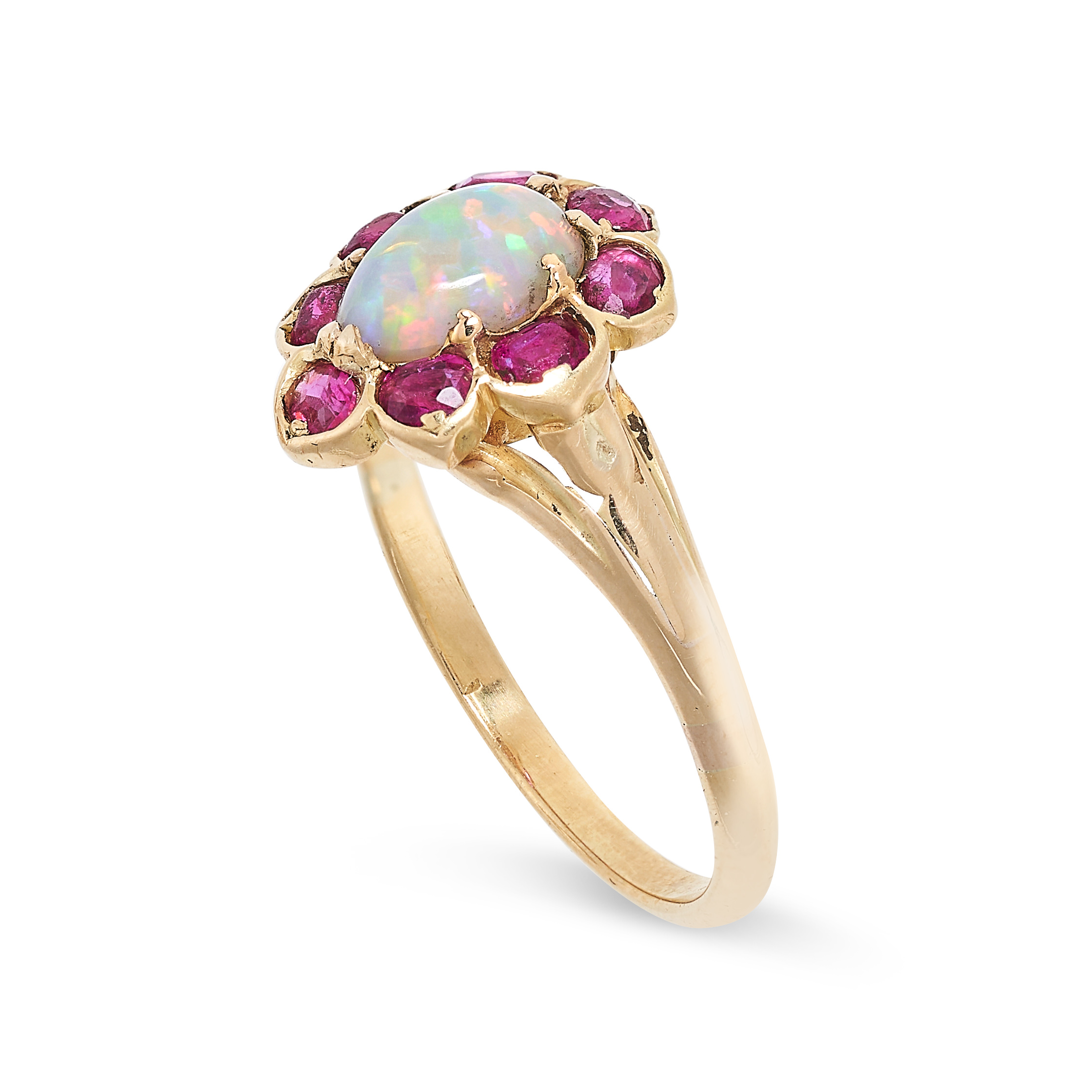 AN ANTIQUE OPAL AND RUBY RING in yellow gold, set with a pear shaped cabochon opal within a border - Image 2 of 2