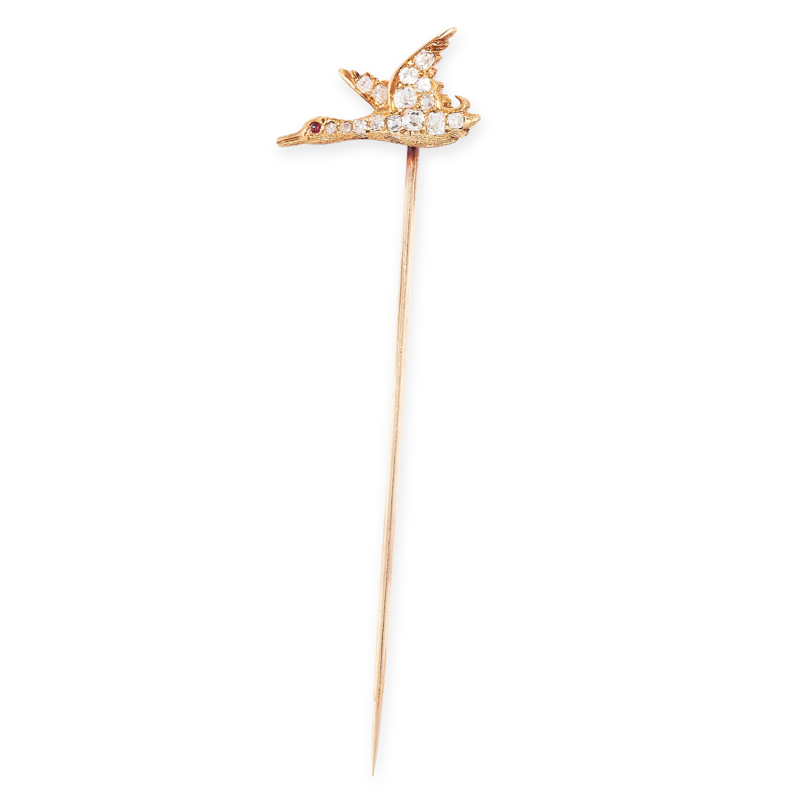AN ANTIQUE DIAMOND AND RUBY STICK PIN, LATE 19TH CENTURY designed as a duck in flight, set with