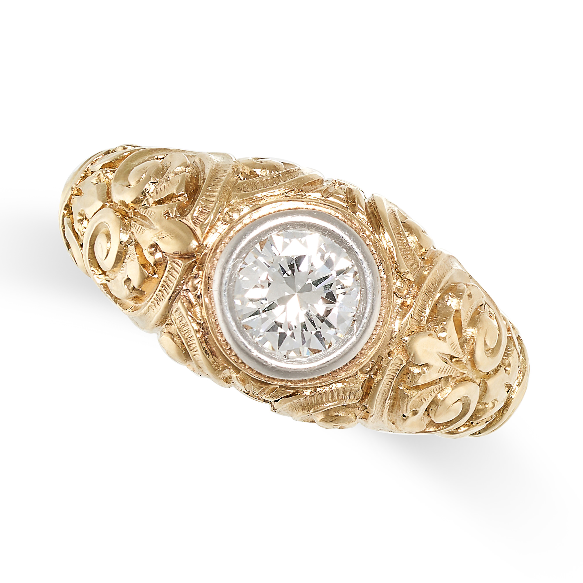 A DIAMOND RING in yellow gold, set with a round brilliant cut diamond of 0.70 carats, the band in