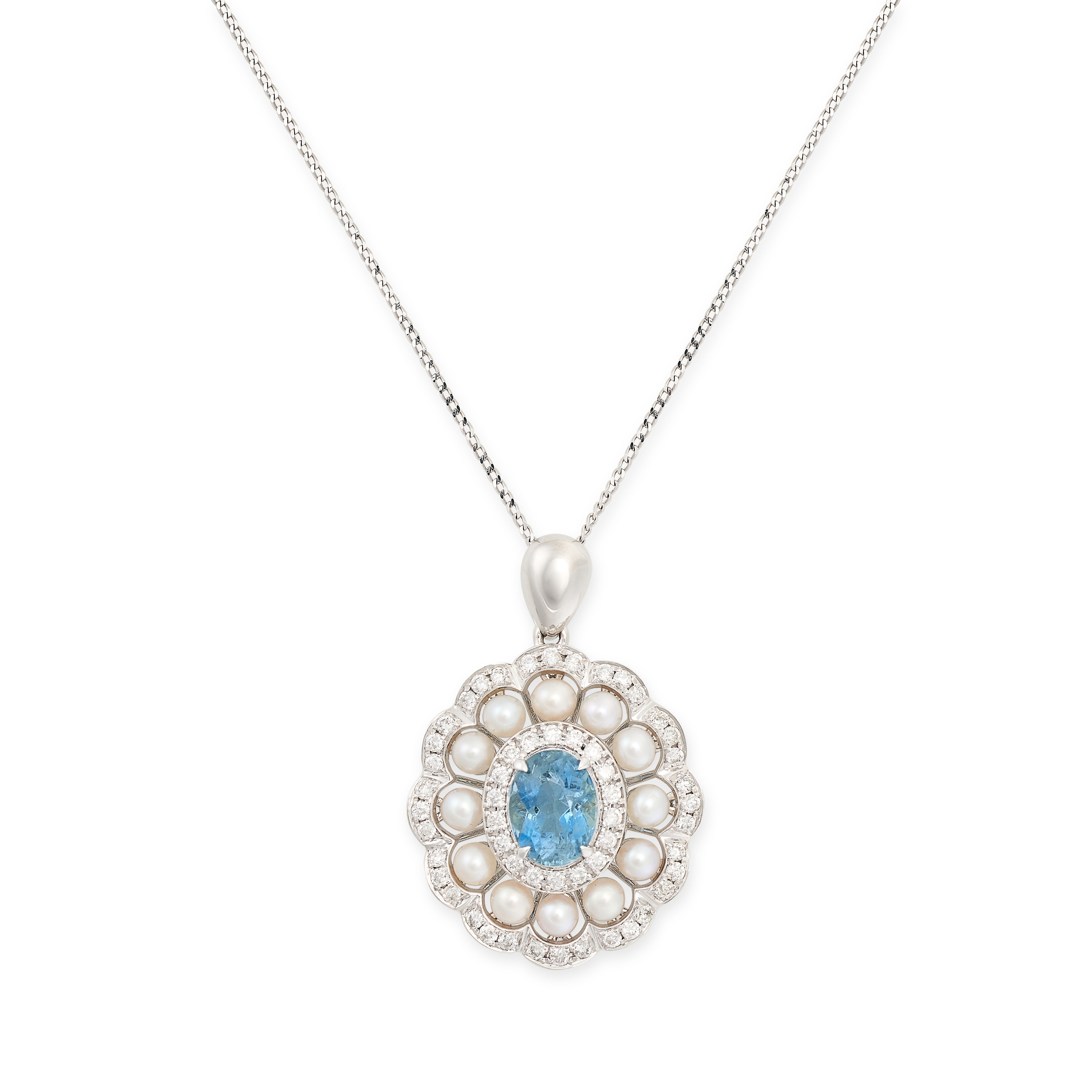 AN AQUAMARINE, DIAMOND AND PEARL PENDANT in 18ct white gold, set centrally with an oval cut