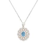 AN AQUAMARINE, DIAMOND AND PEARL PENDANT in 18ct white gold, set centrally with an oval cut