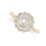 A DIAMOND AND PEARL CLUSTER RING in yellow gold, set with a pearl in a border of old cut diamonds,