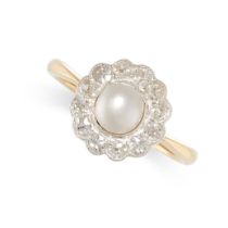 A DIAMOND AND PEARL CLUSTER RING in yellow gold, set with a pearl in a border of old cut diamonds,