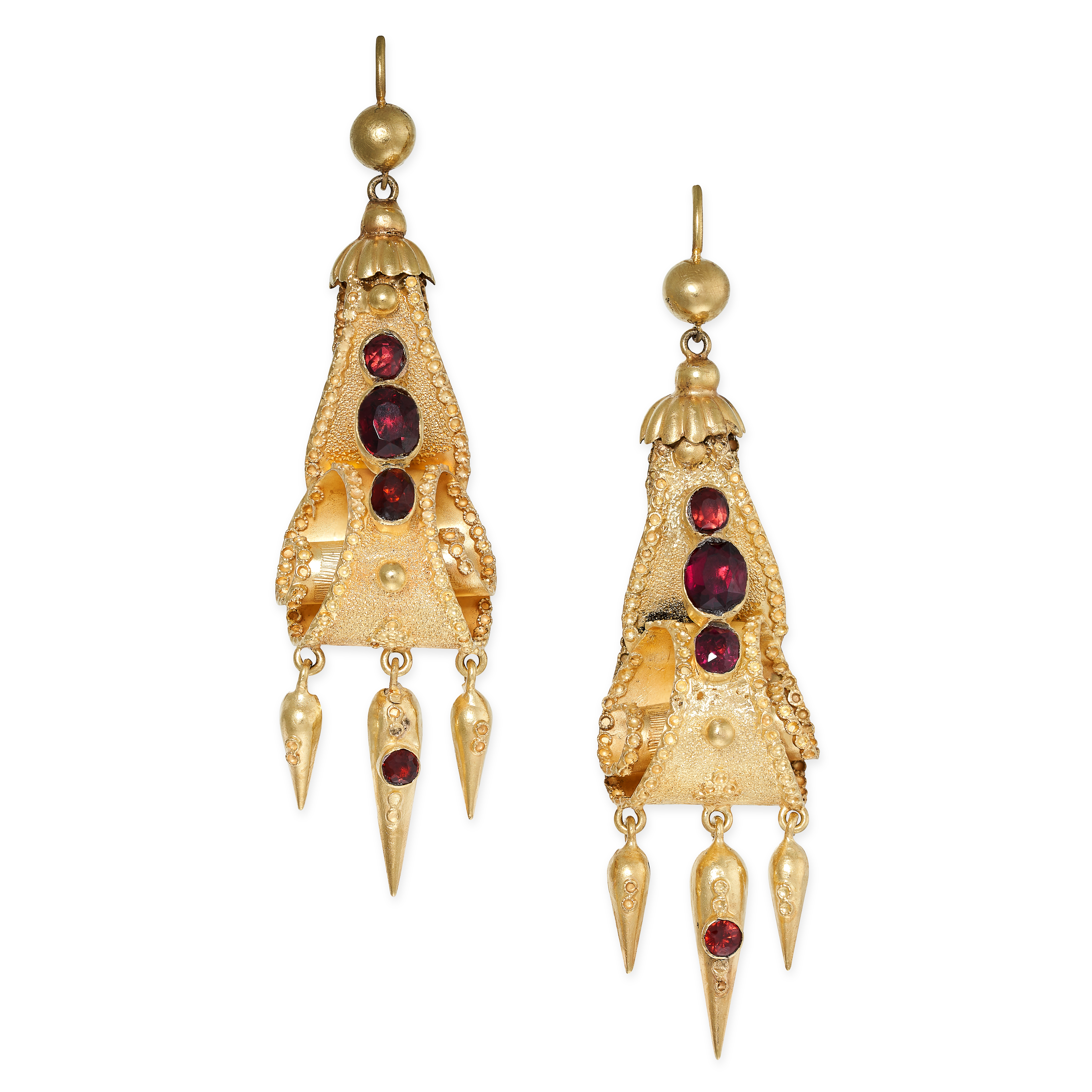 A PAIR OF ANTIQUE GARNET TASSEL DROP EARRINGS, 19TH CENTURY in high carat yellow gold, the scrolling