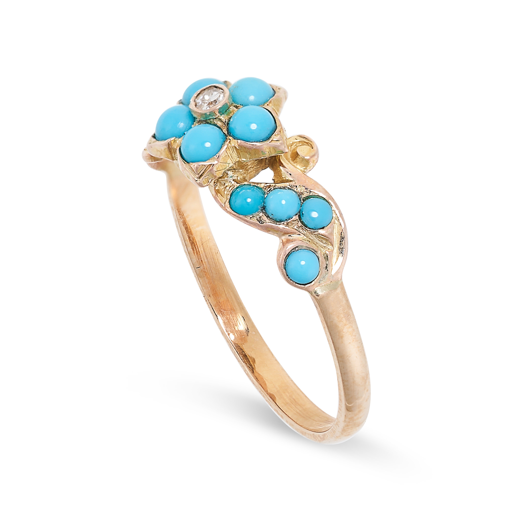 AN ANTIQUE TURQUOISE AND DIAMOND RING in yellow gold, set with a central cluster of an old cut - Image 2 of 2