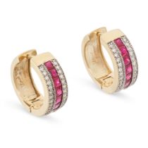A PAIR OF RUBY AND DIAMOND HOOP EARRINGS in yellow gold, each set with a central channel of French