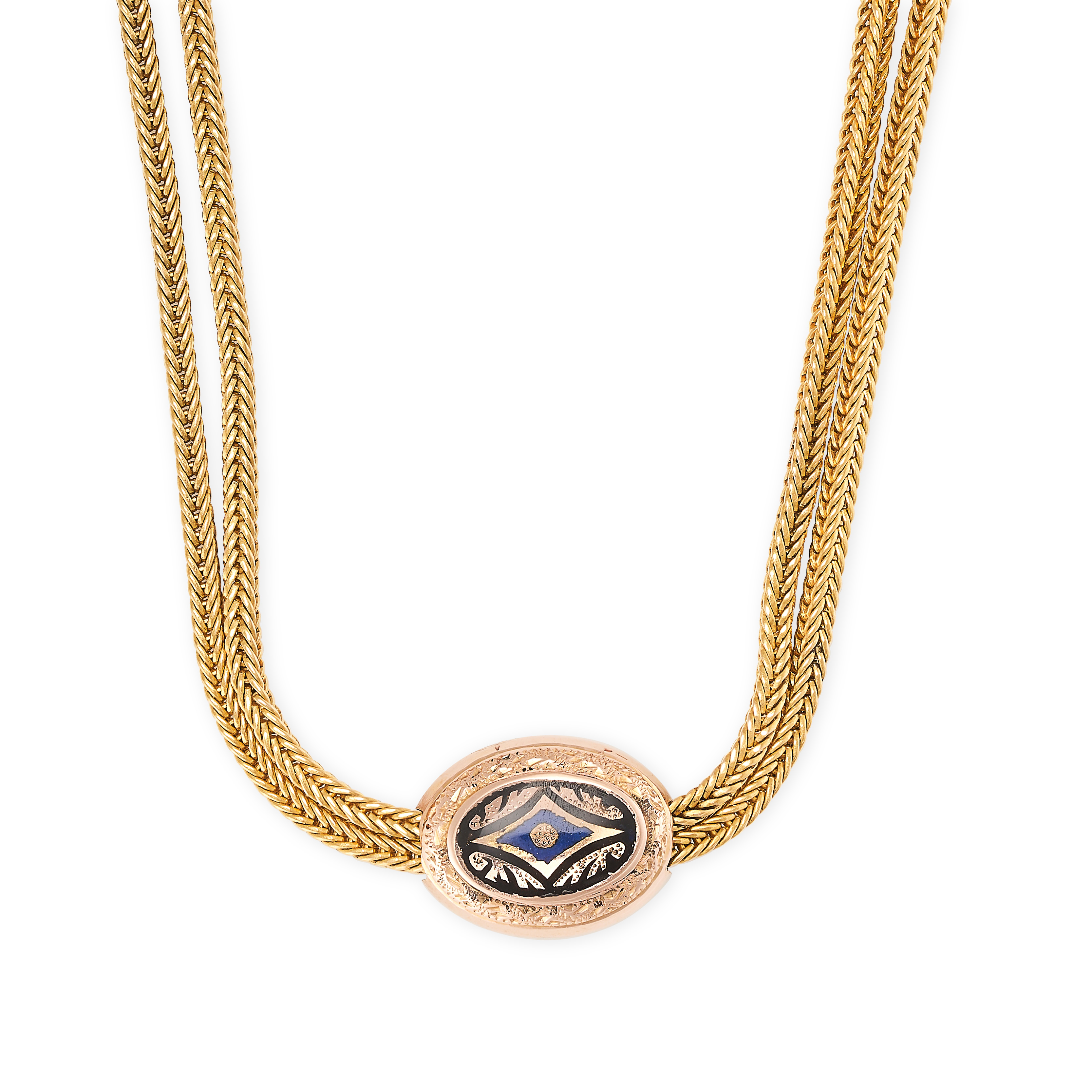 AN ANTIQUE GOLD NECKLACE in yellow gold, comprising two fancy link chains accented by an articulated
