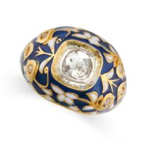 A DIAMOND AND ENAMEL RING set with a flat cut diamond in a border of blue and white enamel, accented