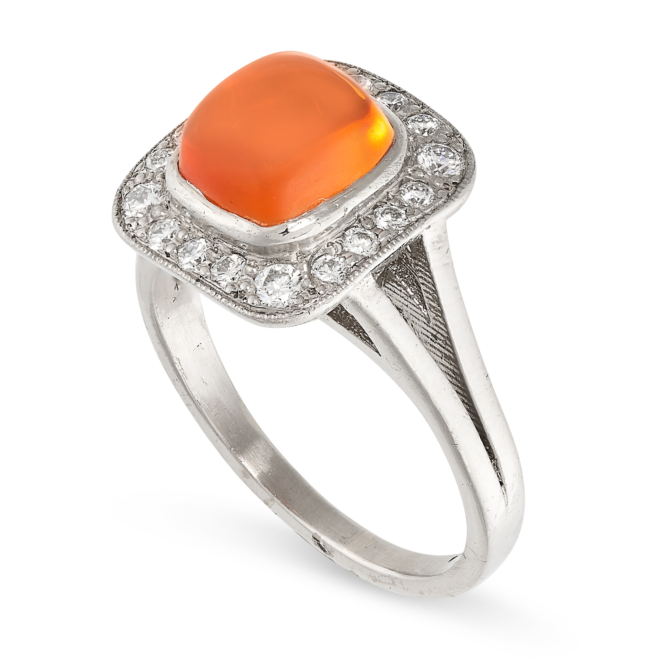 A FIRE OPAL AND DIAMOND CLUSTER RING set with a square cabochon fire opal of 1.66 carats, within a - Image 2 of 2