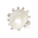 A PEARL AND DIAMOND COCKTAIL RING set with a baroque pearl of 16.8cm x 13.9cm, within a border round