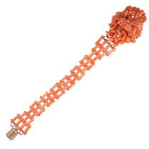 AN ANTIQUE CARVED CORAL BRACELET, 19TH CENTURY formed of a series of baton links, the clasp set with
