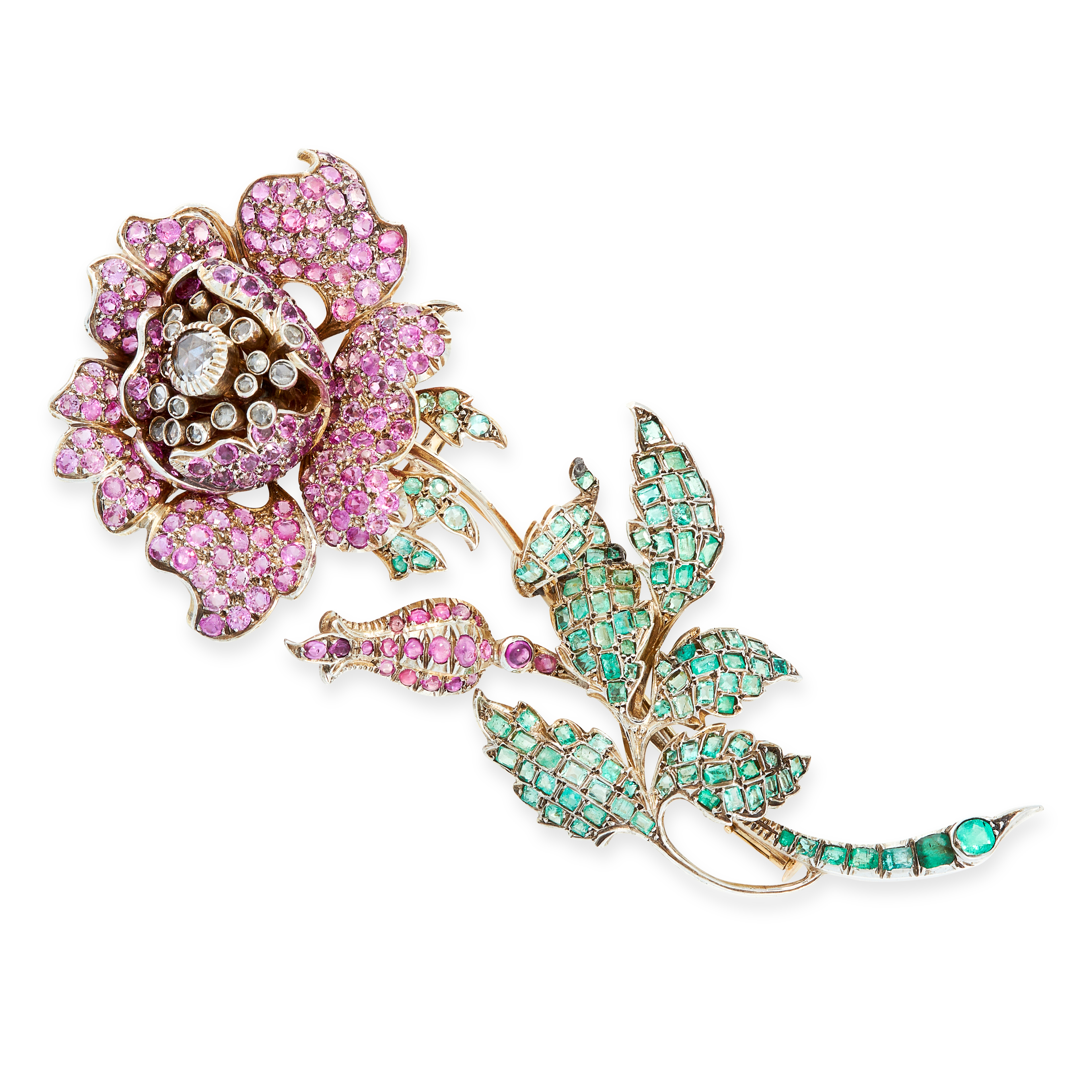 A PINK SAPPHIRE, EMERALD AND DIAMOND BROOCH designed as a flower, the petals jewelled with