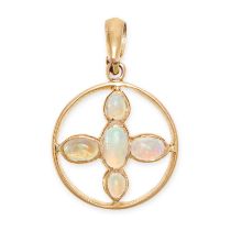 AN ANTIQUE OPAL PENDANT in yellow gold, the circular body set with five cabochon opals in cross