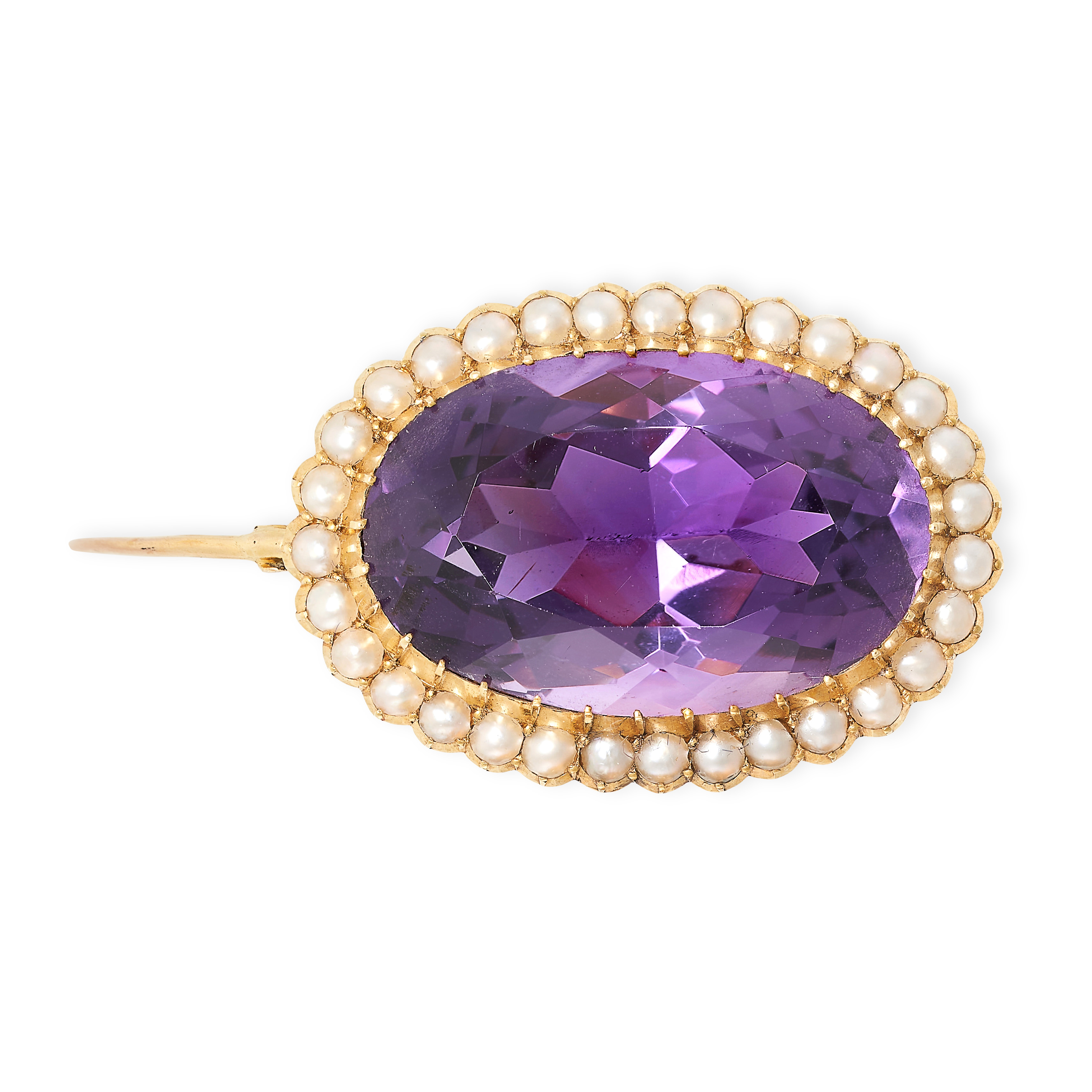 AN ANTIQUE AMETHYST AND PEARL BROOCH in yellow gold, set with an oval cut amethyst within a