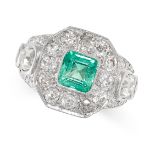 A COLOMBIAN EMERALD AND DIAMOND RING set with a step cut emerald of 1.14 carats in a border of old