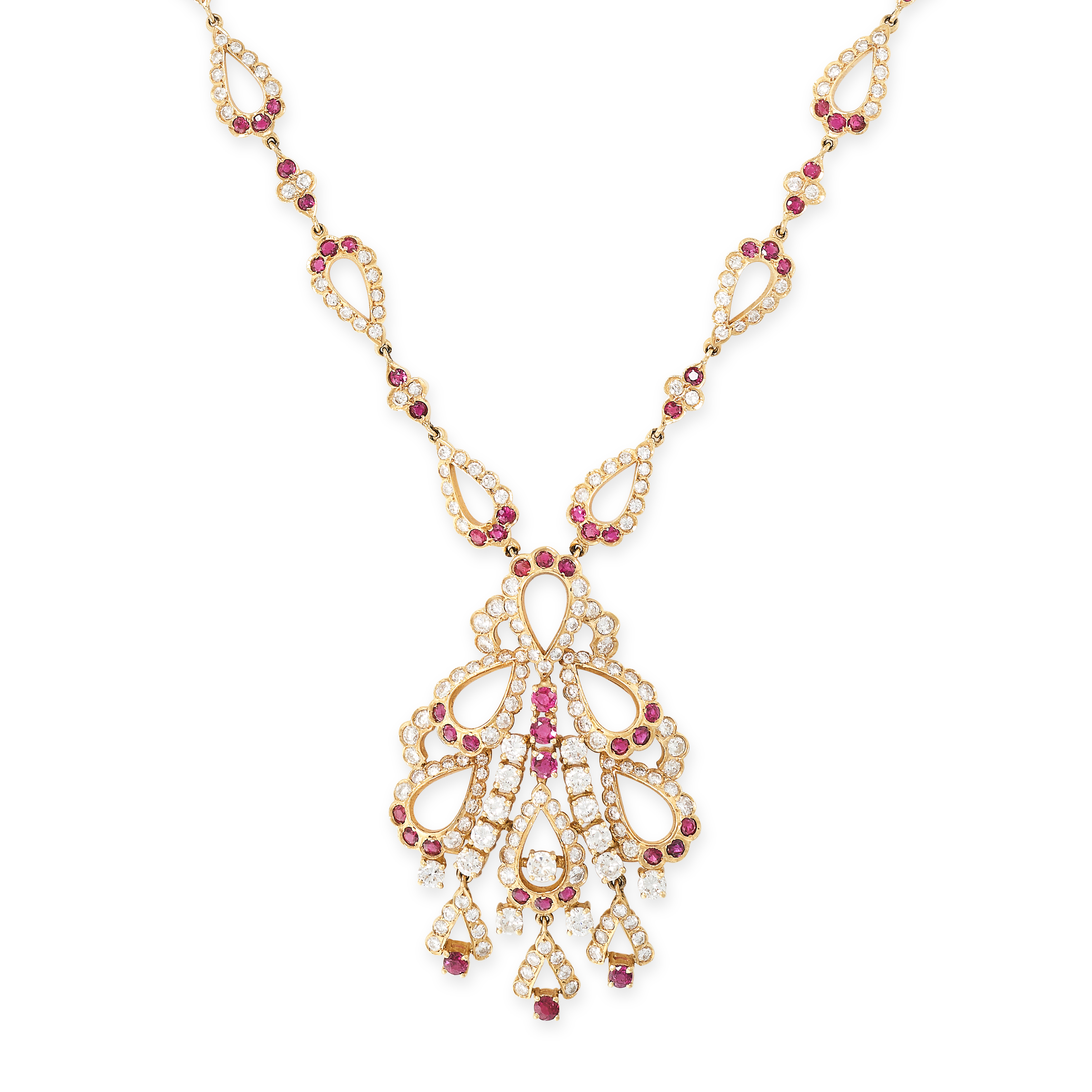 A RUBY AND DIAMOND NECKLACE in 18ct yellow gold, comprising a row of alternating quatrefoil and tear - Image 2 of 2