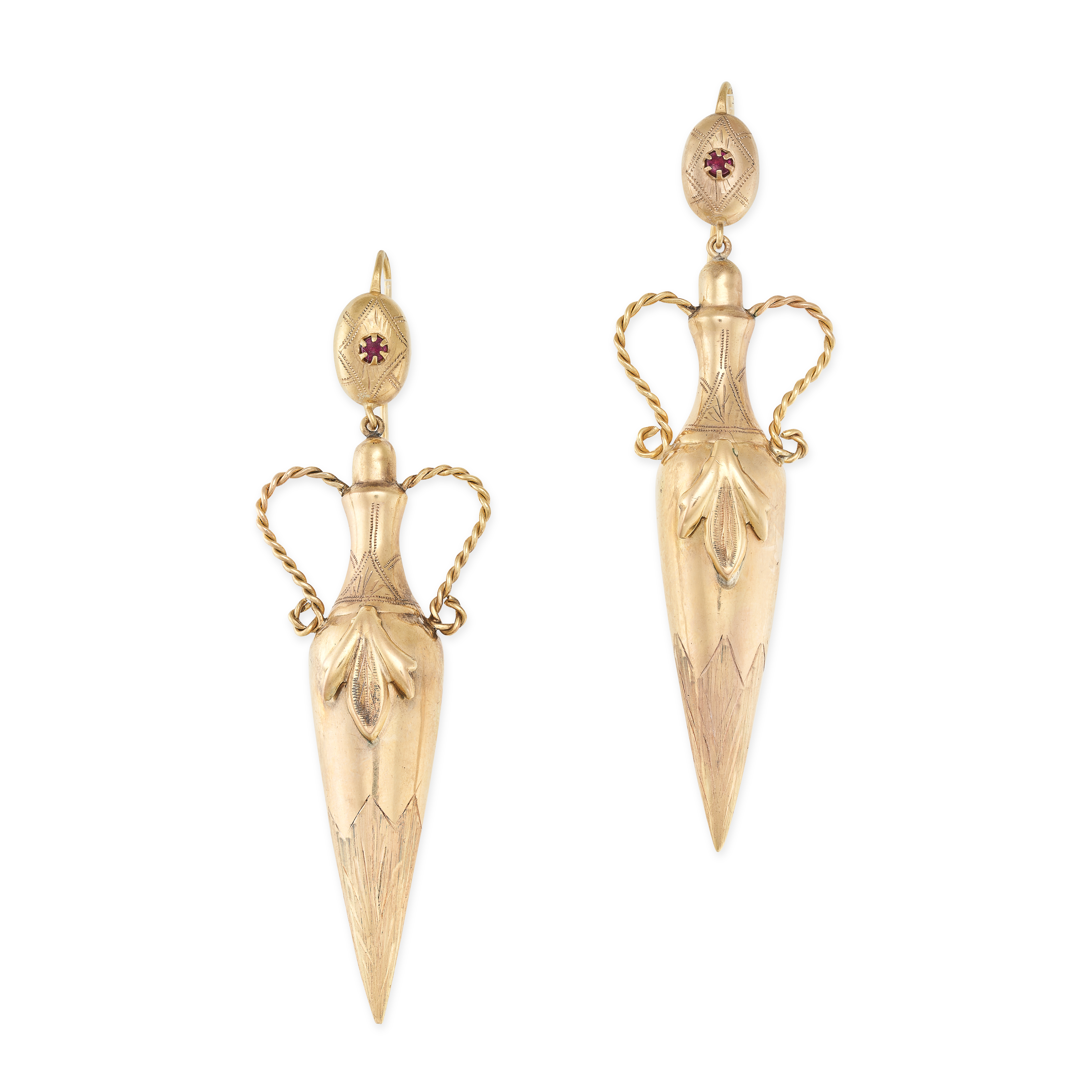 A PAIR OF GOLD DROP EARRINGS in Etruscan revival style each comprising a tapering drop suspended