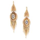 A PAIR OF ETRUSCAN REVIVAL STYLE DROP EARRINGS the articulated bodies set with a pearl in a blue