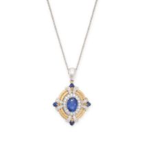 A SAPPHIRE AND DIAMOND PENDANT in 18ct gold, set with an oval cut sapphire in a twisted rope gold