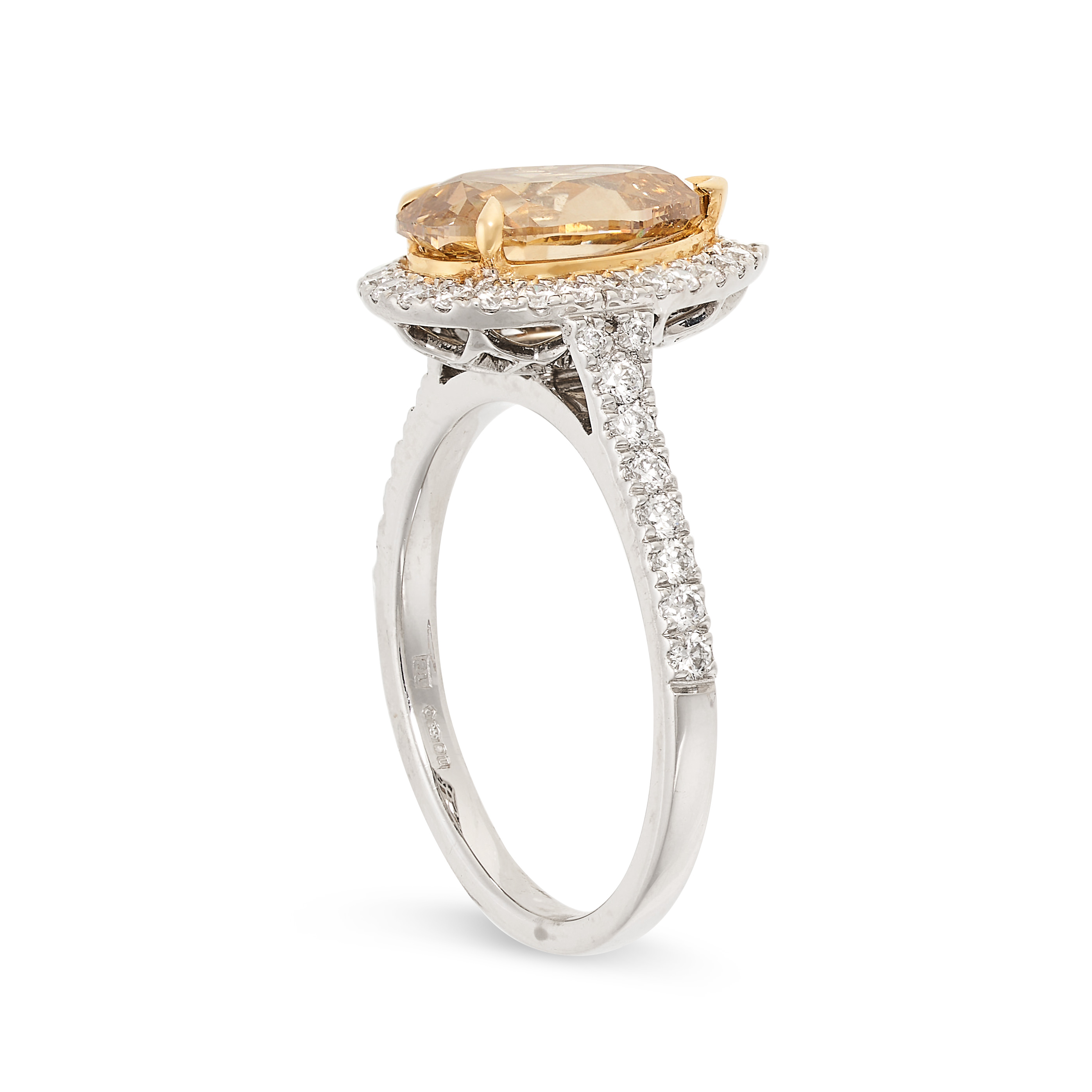 A FANCY COLOURED DIAMOND RING in platinum, set with a pear cut champagne diamond of 2.20 carats in a - Image 2 of 2