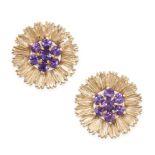 A PAIR OF AMETHYST EARRINGS in 9ct yellow gold, each comprising a central cluster of round cut