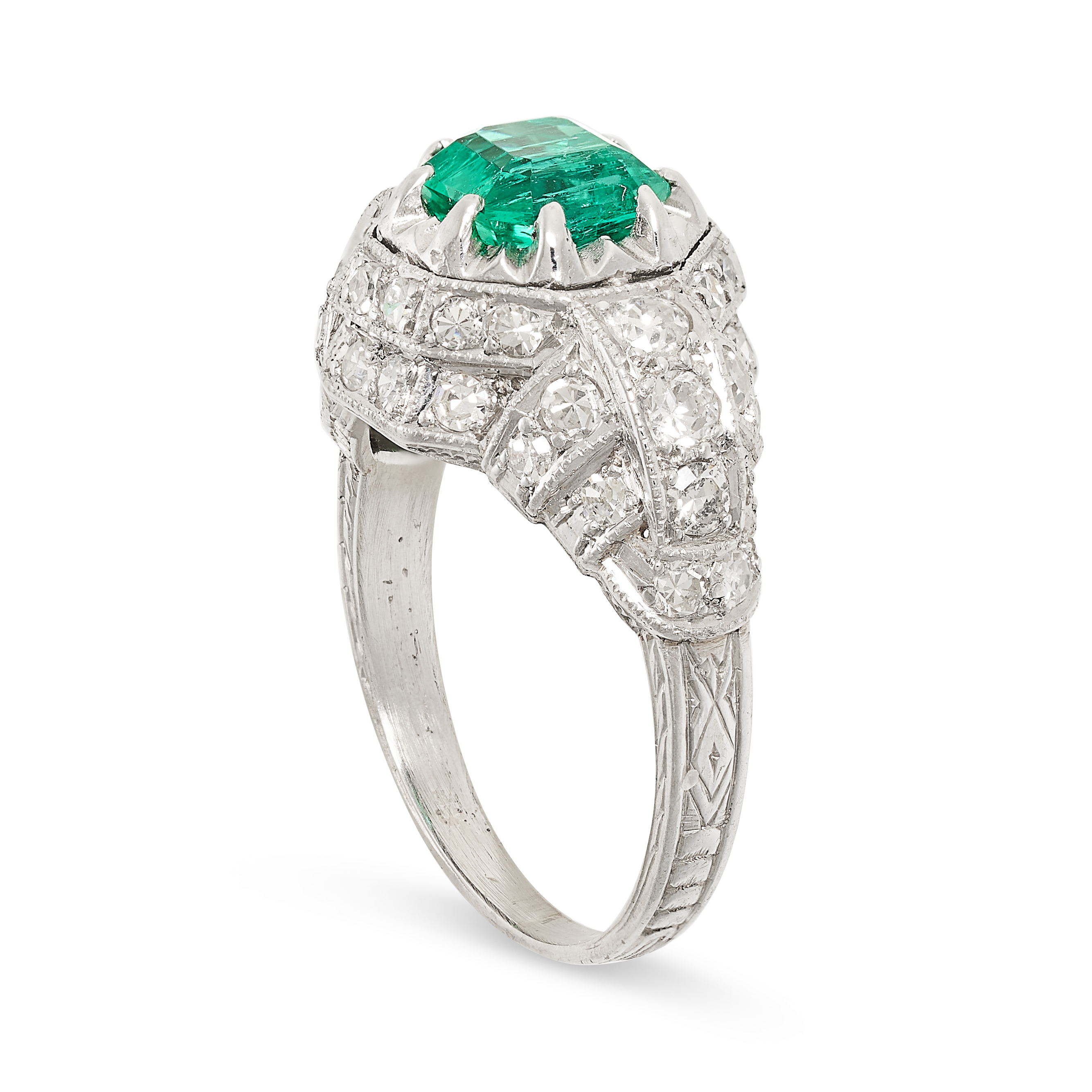 A COLOMBIAN EMERALD AND DIAMOND RING set with an emerald cut emerald of 1.22 carats within geometric - Image 2 of 2