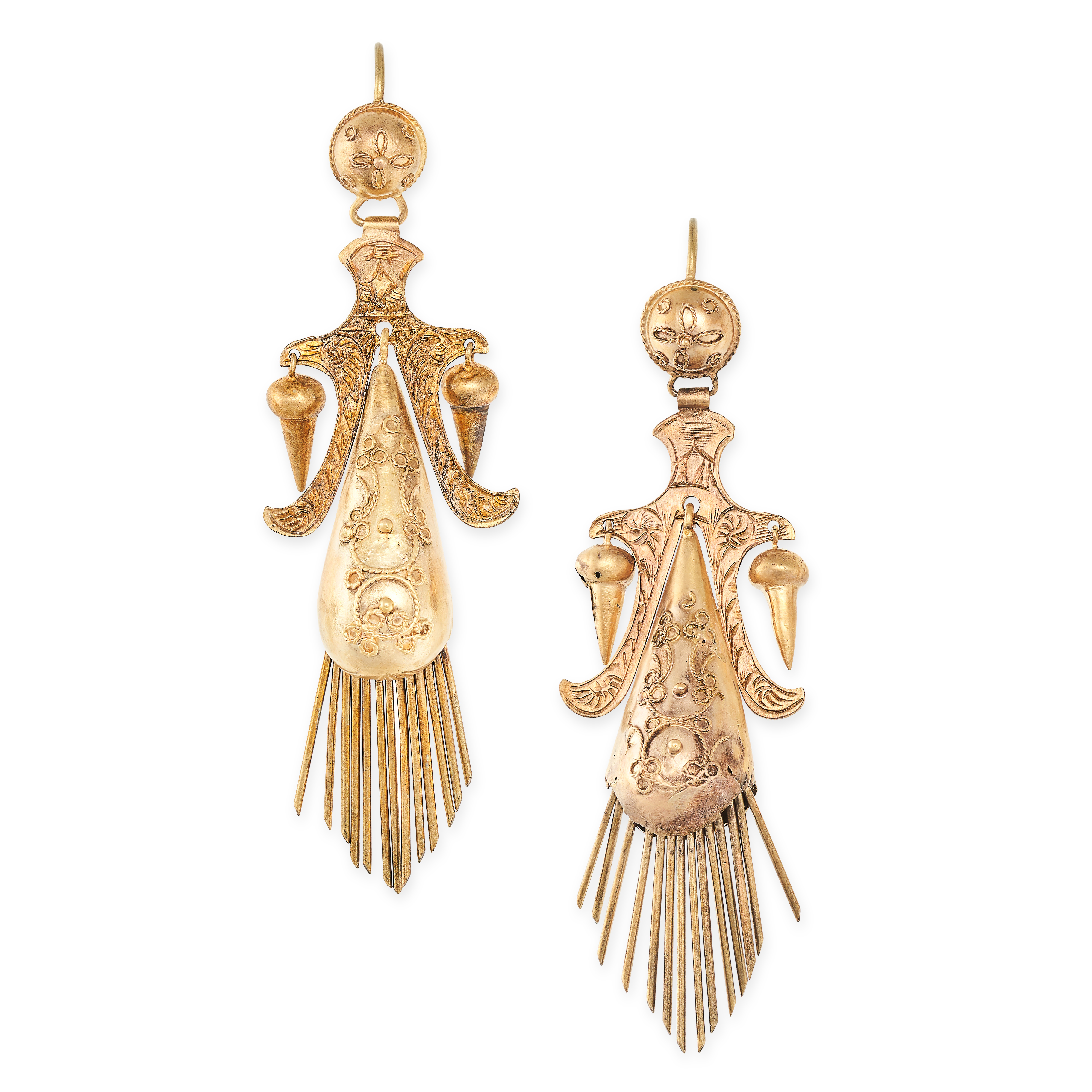 A PAIR OF ANTIQUE DROP EARRINGS, 19TH CENTURY in yellow gold, in the Etruscan revival style, each