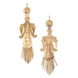 A PAIR OF ANTIQUE DROP EARRINGS, 19TH CENTURY in yellow gold, in the Etruscan revival style, each