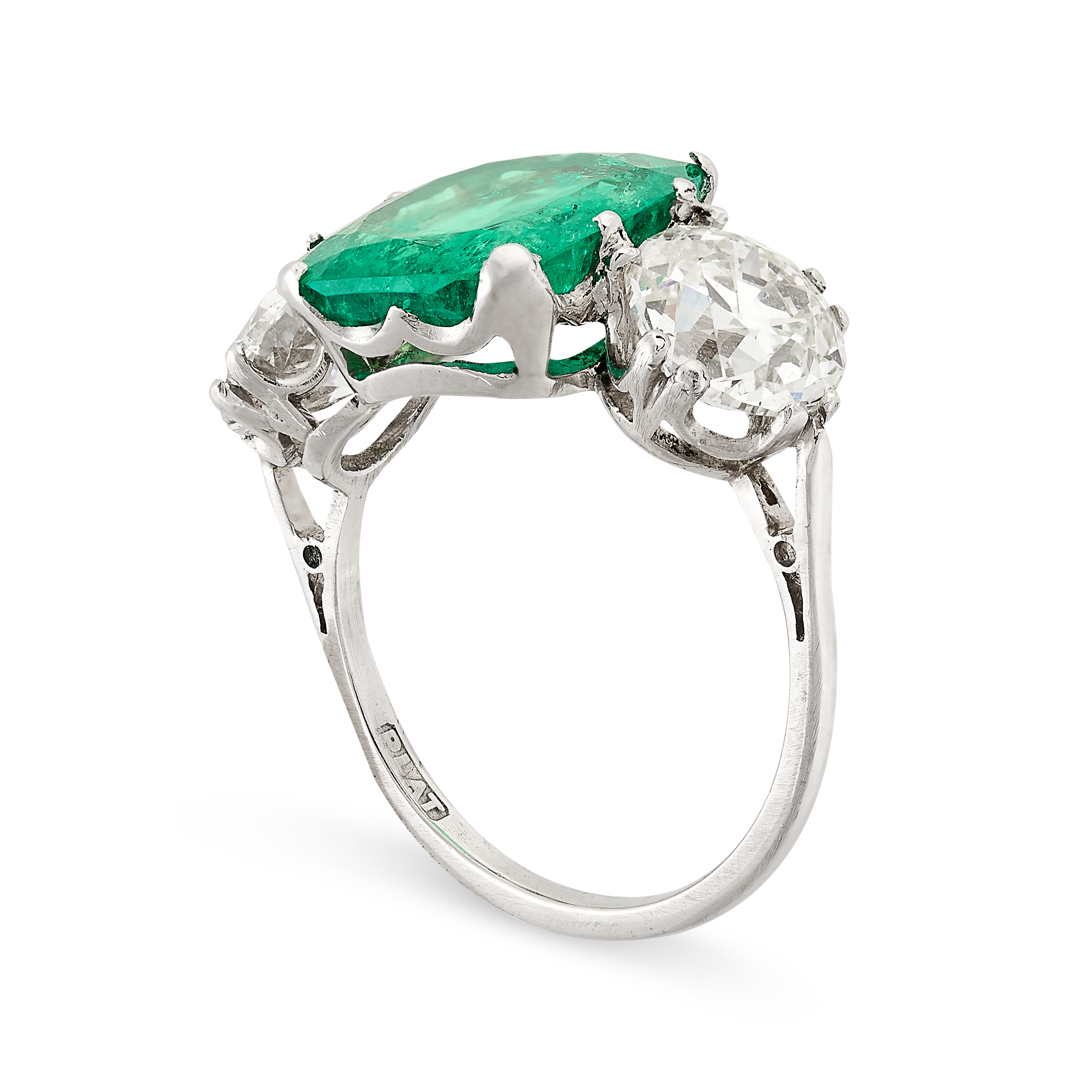 A FINE COLOMBIAN EMERALD AND DIAMOND DRESS RING in platinum, set with a cushion cut emerald of 4. - Image 2 of 2