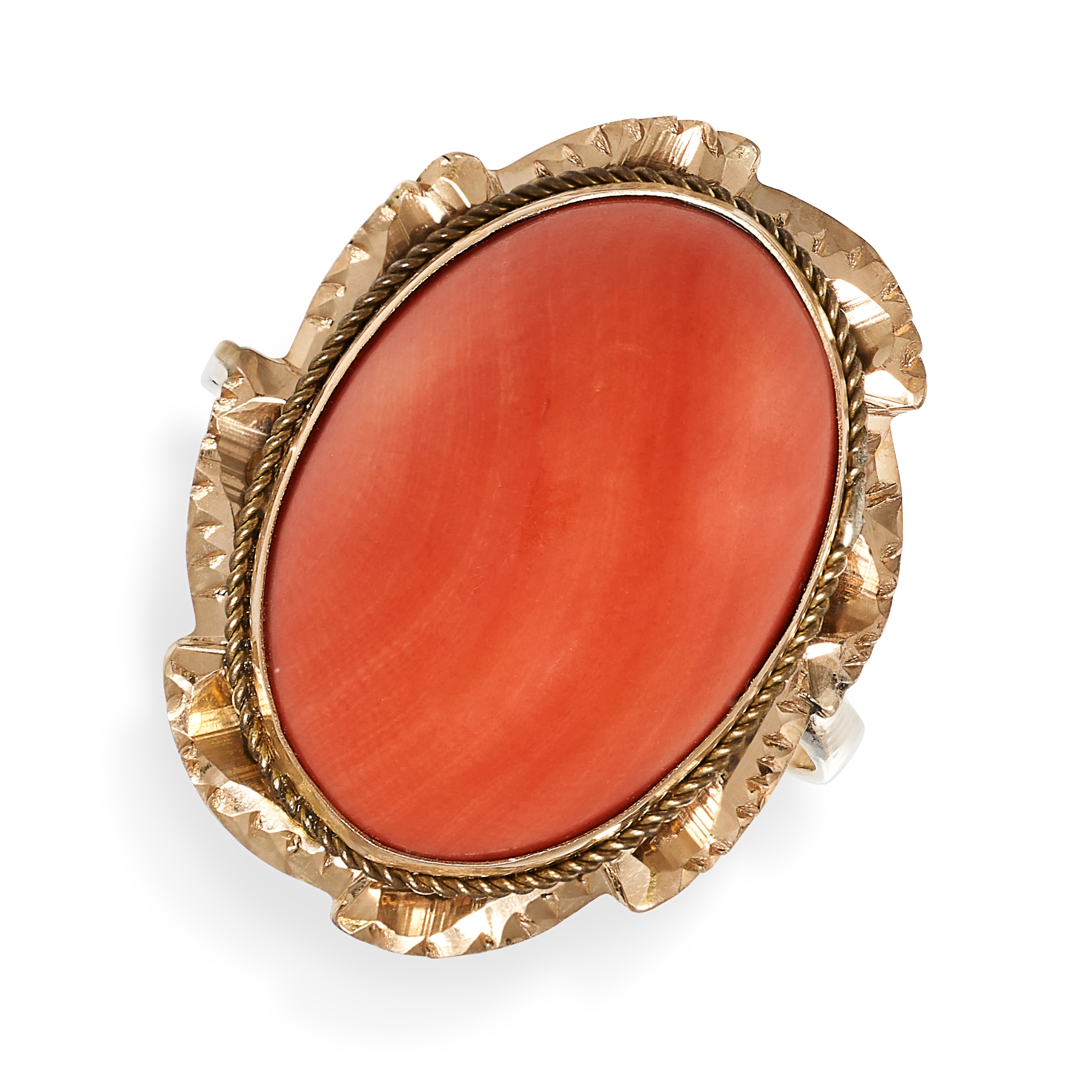 A VINTAGE CORAL RING in yellow gold, set with a cabochon coral, no assay marks, size M / 6, 4.8g.