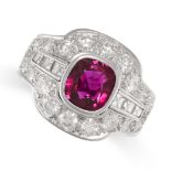 AN UNHEATED RUBY AND DIAMOND RING in 18ct white gold, set with a cushion cut ruby of 1.87 carats,