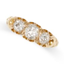 A DIAMOND THREE STONE RING in yellow gold, the tapering band set with three old cut diamonds