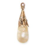 AN ANTIQUE NATURAL PEARL AND DIAMOND PENDANT the baroque pearl surmounted by a rose cut diamond