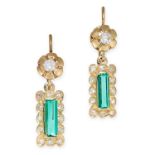 A PAIR OF EMERALD AND DIAMOND DROP EARRINGS in 18ct yellow gold, each set with an emerald cut