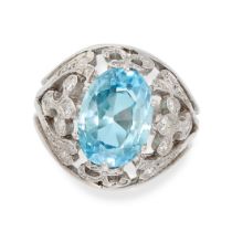 A BLUE ZIRCON AND DIAMOND DRESS RING set with a cushion cut blue zircon of 5.76 carats, accented