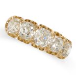 AN ANTIQUE DIAMOND FIVE STONE RING in yellow gold, set with a graduated row of old cut diamonds