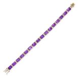 AN AMETHYST AND DIAMOND BRACELET in 18ct yellow gold, set with sixteen step cut amethysts punctuated