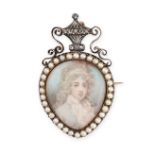 AN ANTIQUE PORTRAIT MINIATURE, PEARL AND DIAMOND BROOCH / PENDANT, 19TH CENTURY in yellow gold and