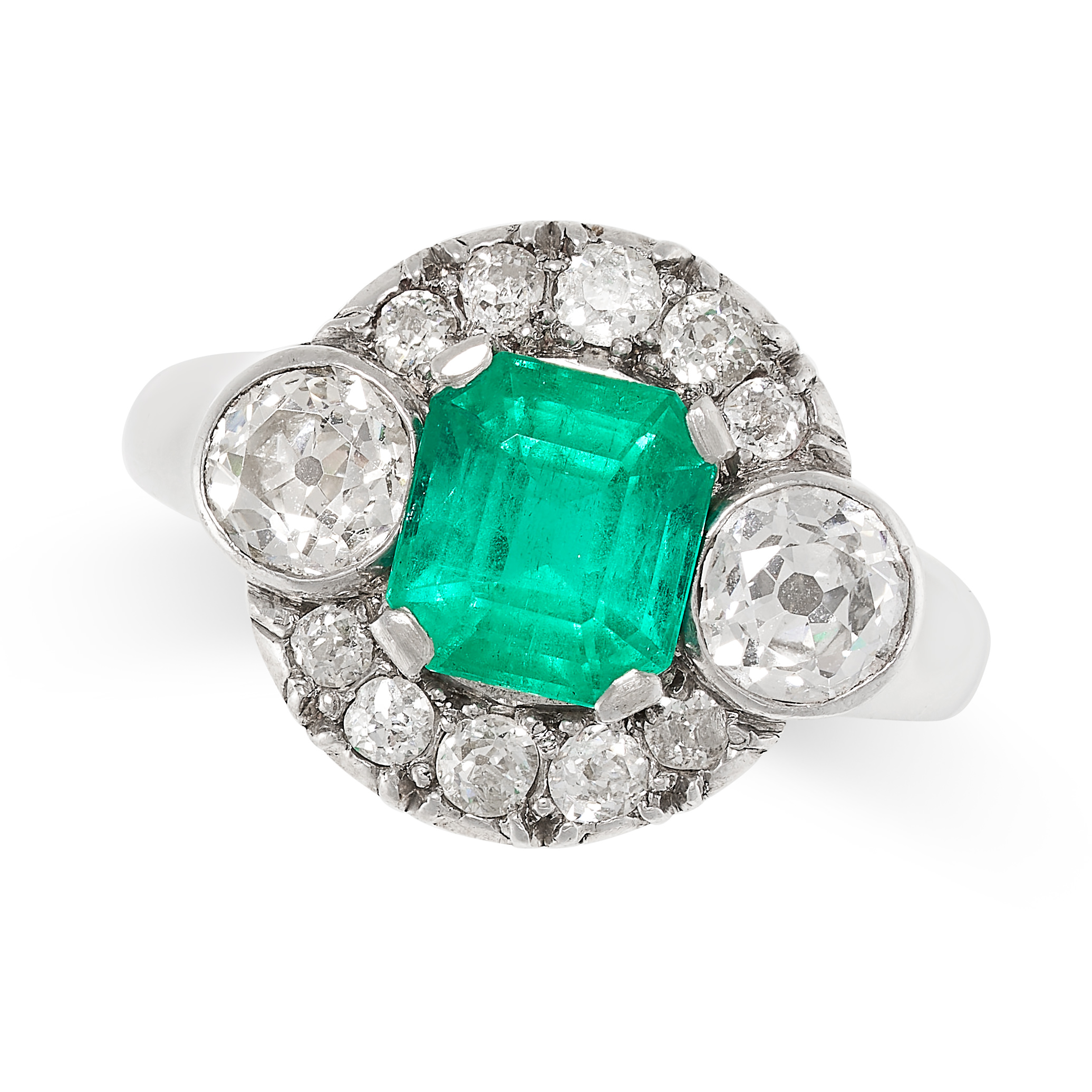 A COLOMBIAN EMERALD AND DIAMOND RING set to the centre with an octagonal cut emerald of 1.42